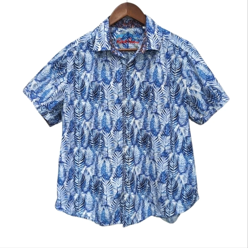 Robert Graham Palm Leaf Print Short Sleeve Button Down Cotton Shirt